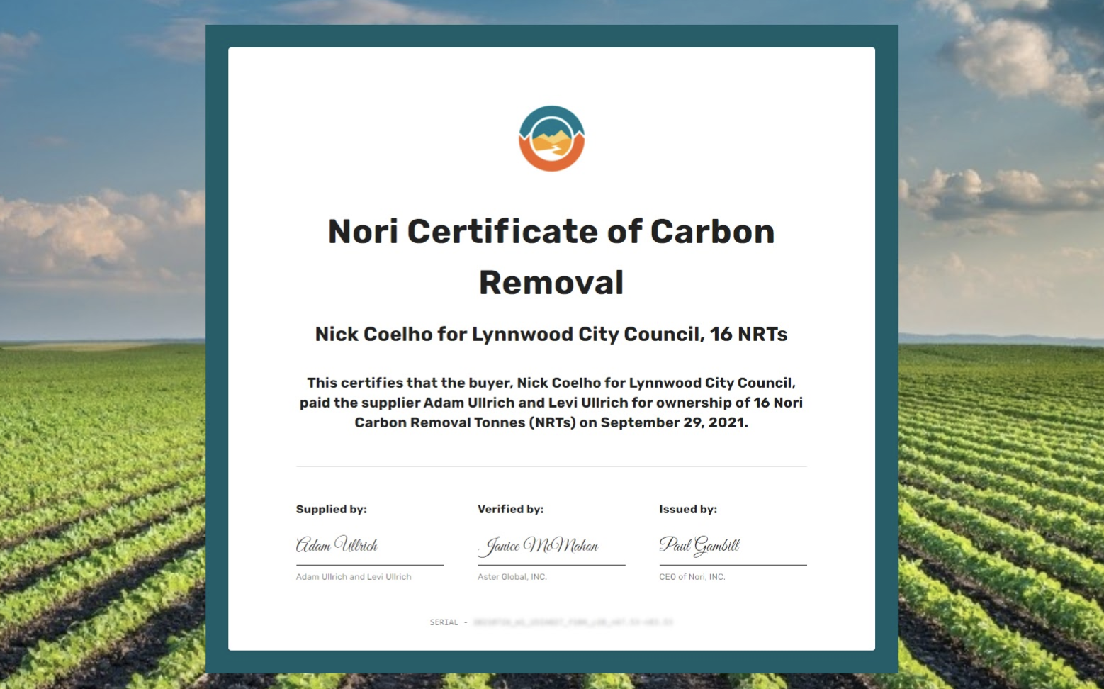 Example of a Nori Carbon removal certificate
