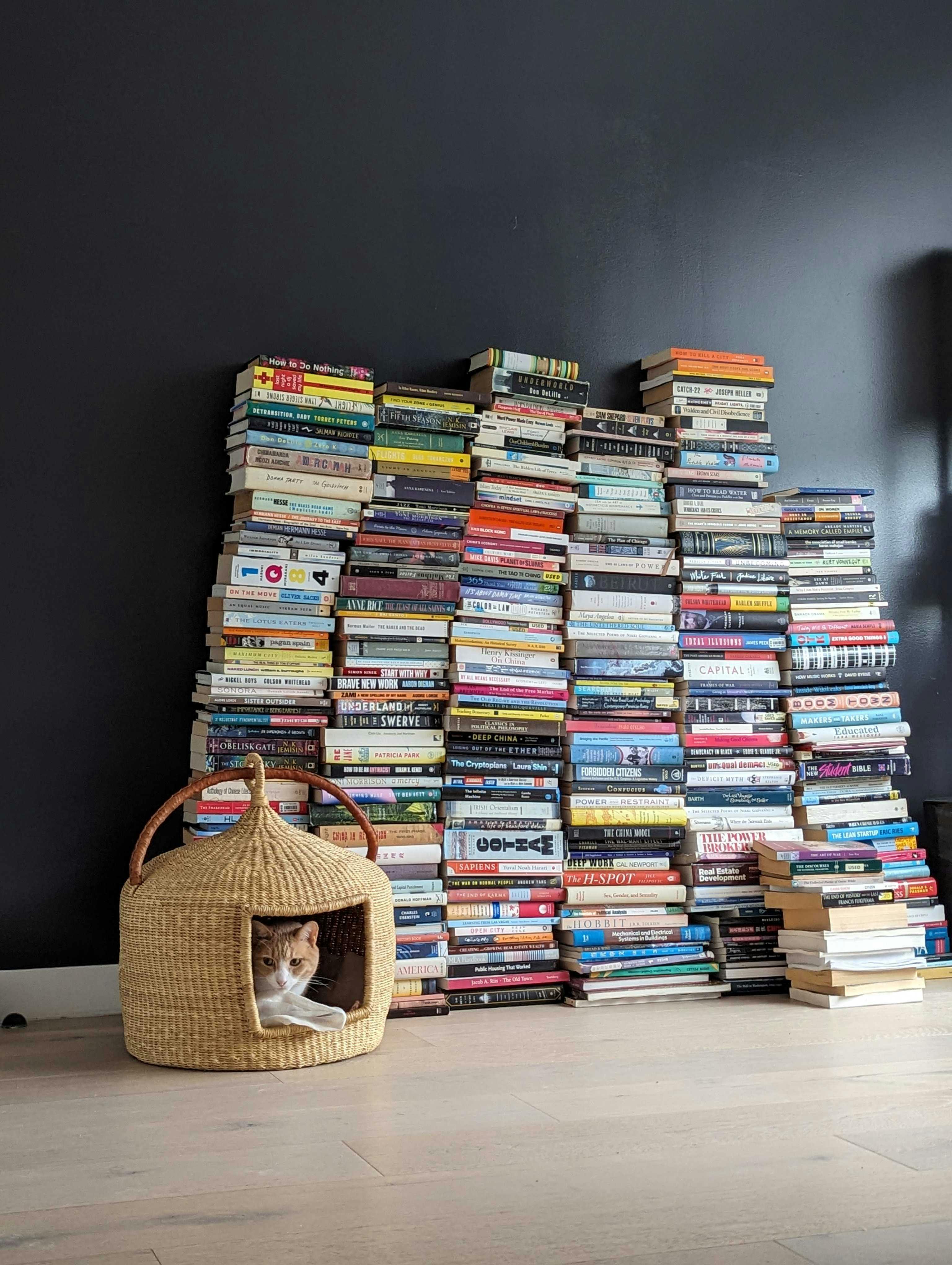 A pile of our books that need a home on a bookshelf